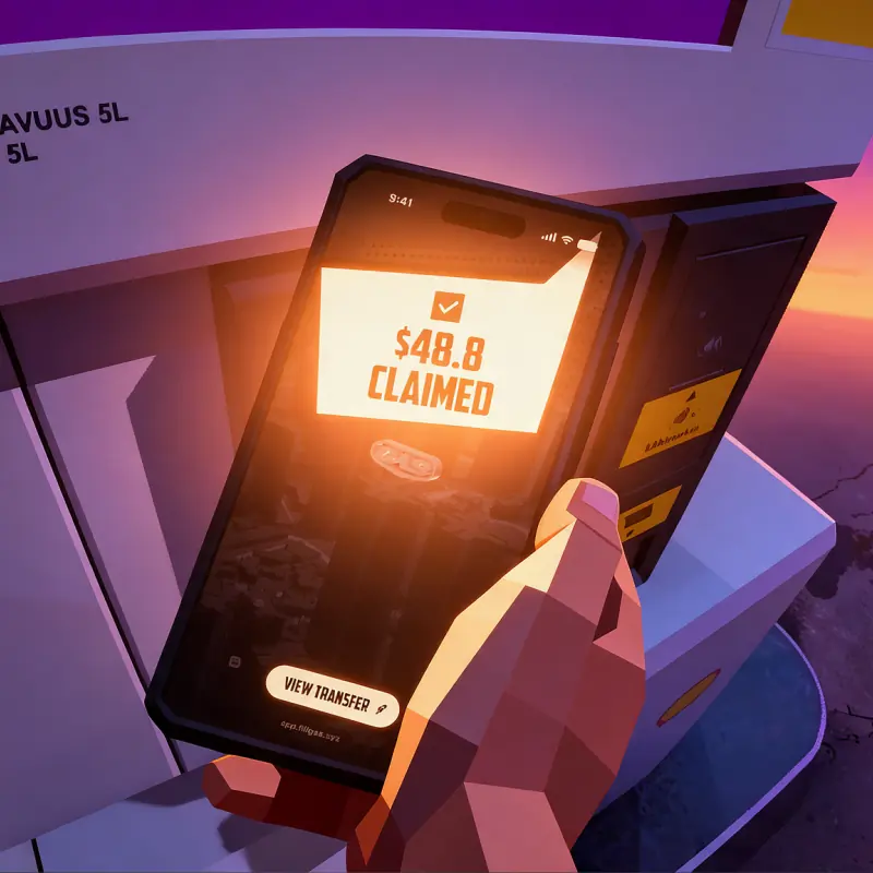 A phone held up at a pump, its screen showing a claim paid out.