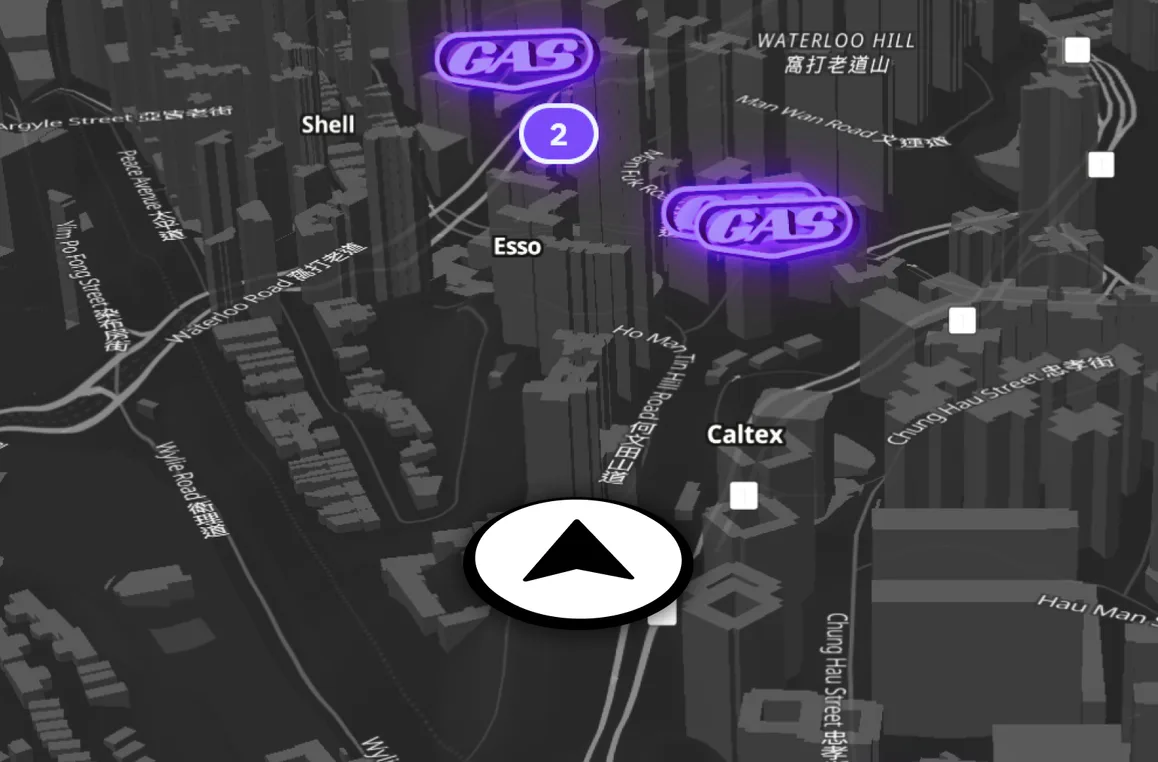 A night map of a city, Gas signs glowing over its stations.